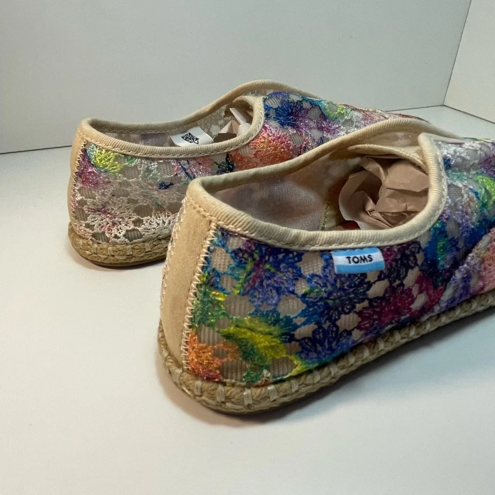 TOMS Palmera Multi Crochet Lace Rainbow Flats Womens Size 7.5 NWOT